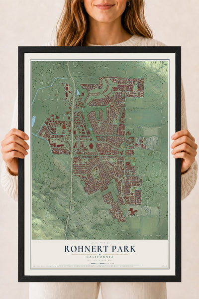 Map of Rohnert Park, California, 18 x 24 inch print in a black wood frame