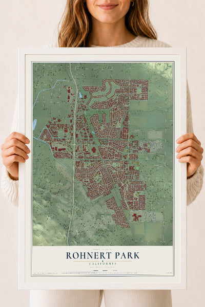 Map of Rohnert Park, California, 18 x 24 inch print in a white wood frame