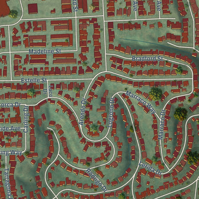 Close-up of the map of Rolando, California print showing street and building detail