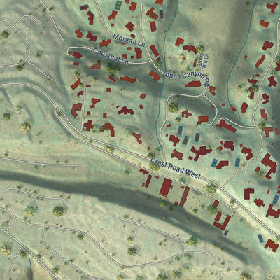 Second close-up of the map of Rolling Hills, California print showing more streets and buildings
