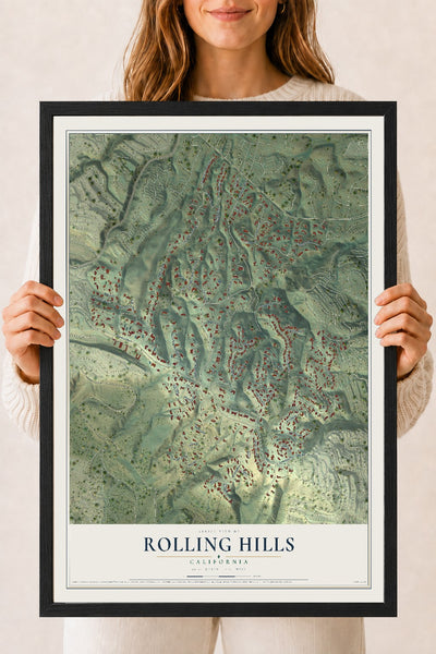 Map of Rolling Hills, California, 18 x 24 inch print in a black wood frame