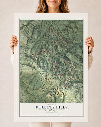 Map of Rolling Hills, California, 24 x 36 inch print in a white wood frame