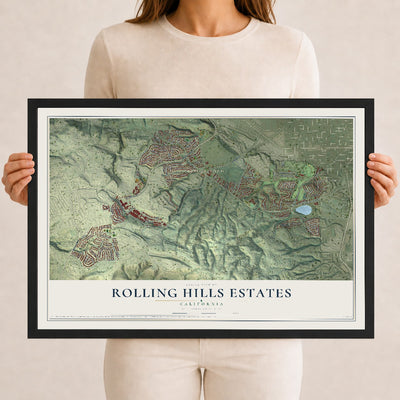 Map of Rolling Hills Estates, California, 12 x 18 inch print in a black wood frame