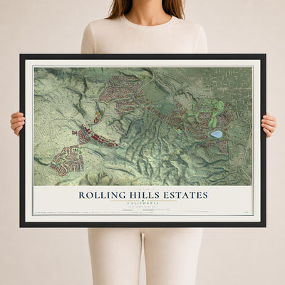 Map of Rolling Hills Estates, California, 24 x 36 inch print in a black wood frame
