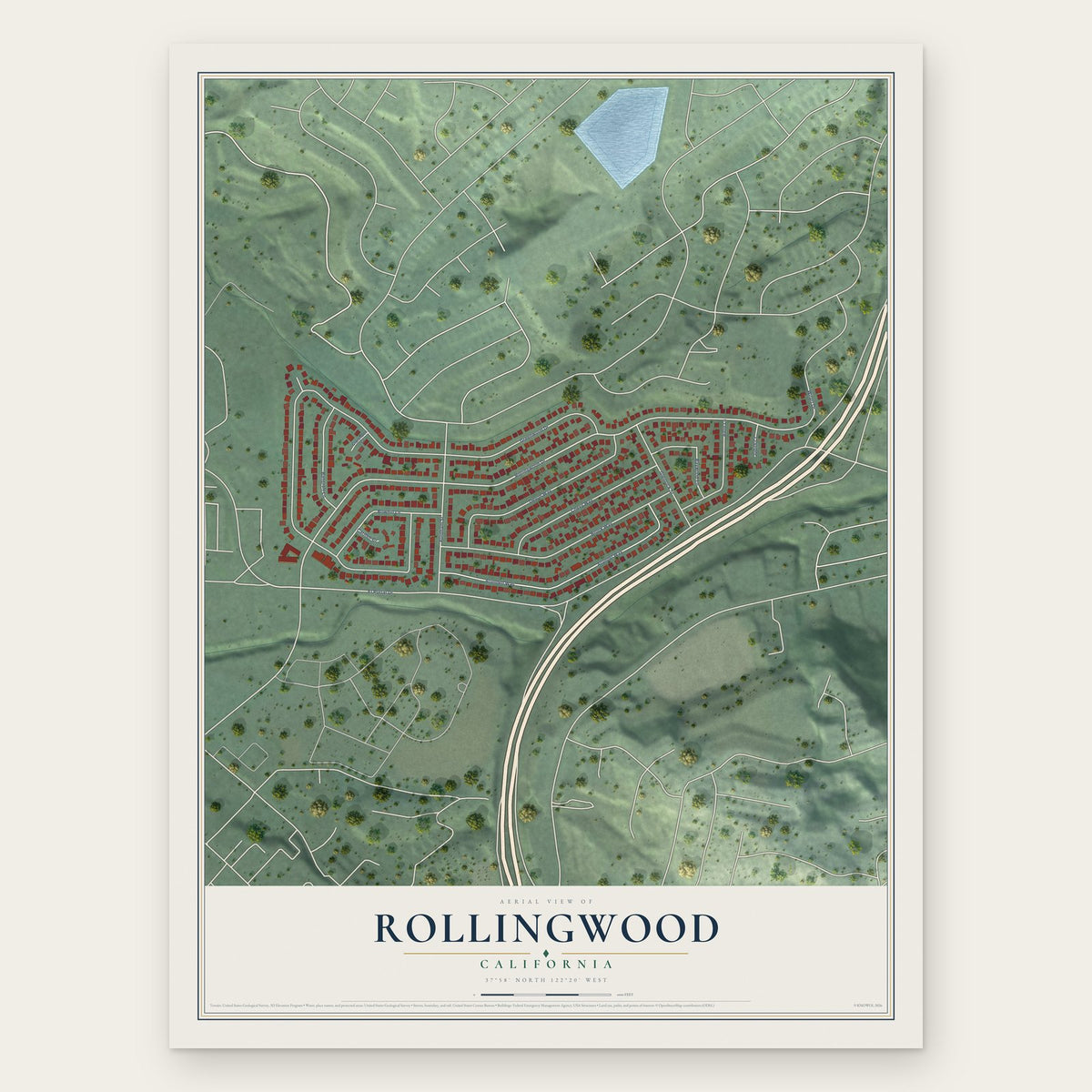 Rollingwood, California map print, the full design