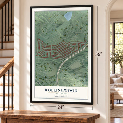 Rollingwood, California map, 24 x 36 inch print in a black frame by a staircase