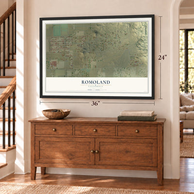 Romoland, California map, 24 x 36 inch print in a black frame above a dresser by a staircase