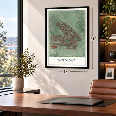 Rose Garden, California map, 18 x 24 inch print in a black frame in a home office