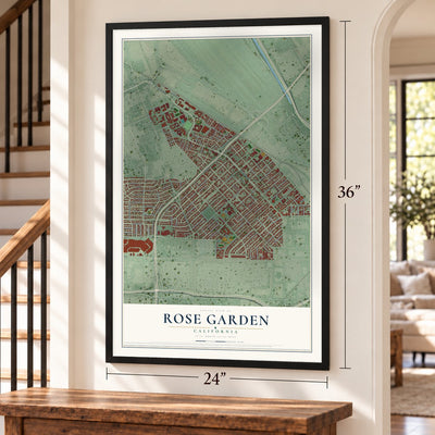 Rose Garden, California map, 24 x 36 inch print in a black frame by a staircase