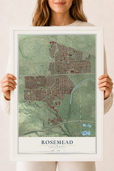 Map of Rosemead, California, 18 x 24 inch print in a white wood frame