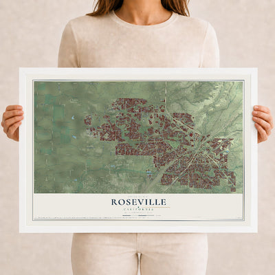 Map of Roseville, California, 12 x 18 inch print in a white wood frame