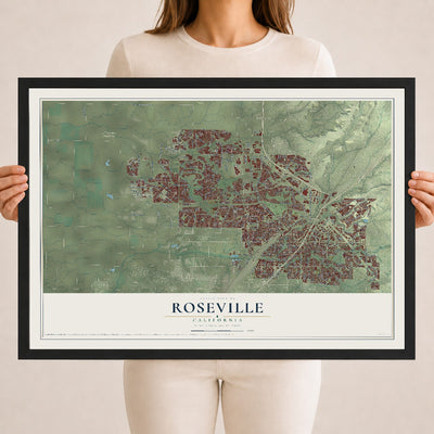 Map of Roseville, California, 18 x 24 inch print in a black wood frame
