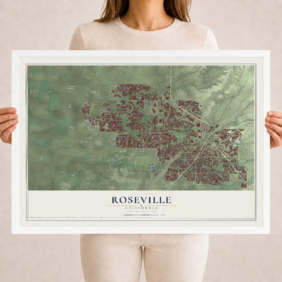 Map of Roseville, California, 18 x 24 inch print in a white wood frame