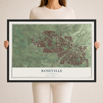 Map of Roseville, California, 24 x 36 inch print in a black wood frame