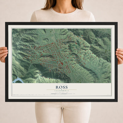 Map of Ross, California, 18 x 24 inch print in a black wood frame