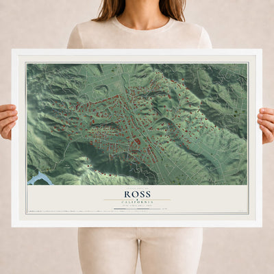 Map of Ross, California, 18 x 24 inch print in a white wood frame