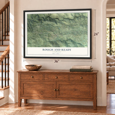 Rough and Ready, California map, 24 x 36 inch print in a black frame above a dresser by a staircase