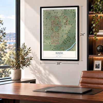 Rouse, California map, 18 x 24 inch print in a black frame in a home office