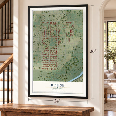 Rouse, California map, 24 x 36 inch print in a black frame by a staircase