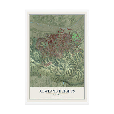 Map of Rowland Heights, California, 12 x 18 inch print in a white wood frame