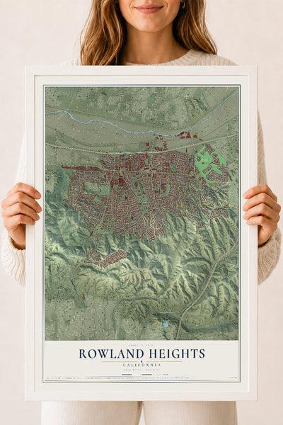 Map of Rowland Heights, California, 18 x 24 inch print in a white wood frame