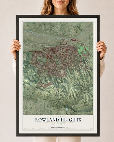 Map of Rowland Heights, California, 24 x 36 inch print in a black wood frame