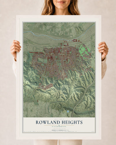 Map of Rowland Heights, California, 24 x 36 inch print in a white wood frame