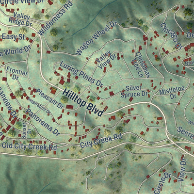 Close-up of the map of Running Springs, California print showing street and building detail