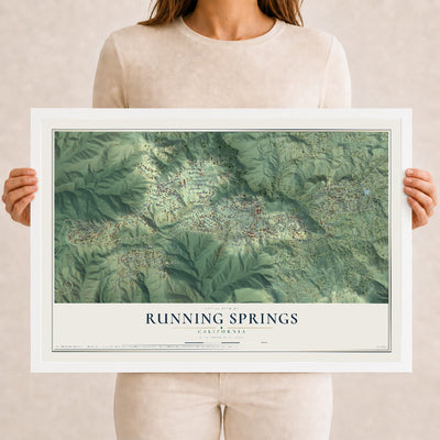 Map of Running Springs, California, 12 x 18 inch print in a white wood frame