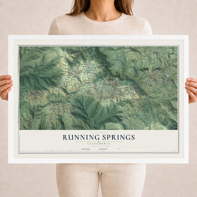Map of Running Springs, California, 18 x 24 inch print in a white wood frame