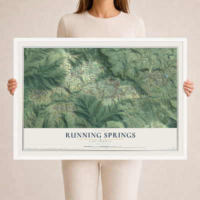 Map of Running Springs, California, 24 x 36 inch print in a white wood frame