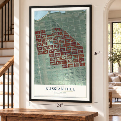 Russian Hill, California map, 24 x 36 inch print in a black frame by a staircase