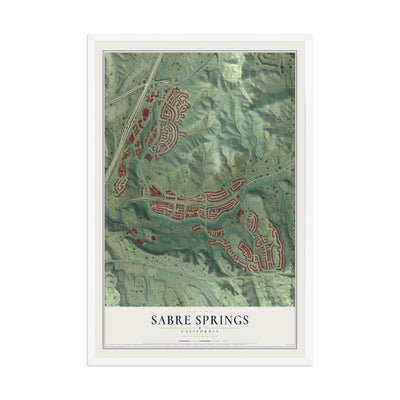 Map of Sabre Springs, California, 12 x 18 inch print in a white wood frame