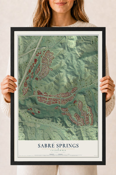 Map of Sabre Springs, California, 18 x 24 inch print in a black wood frame