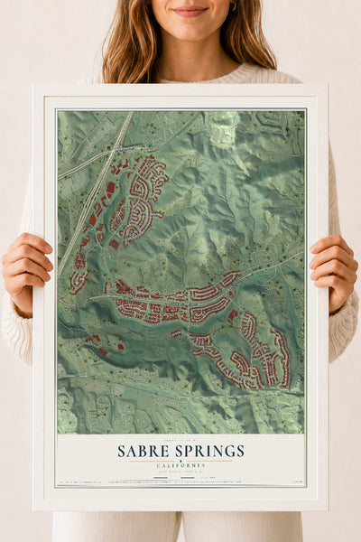 Map of Sabre Springs, California, 18 x 24 inch print in a white wood frame
