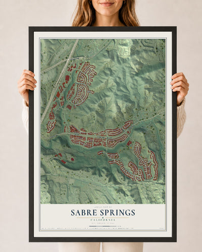 Map of Sabre Springs, California, 24 x 36 inch print in a black wood frame