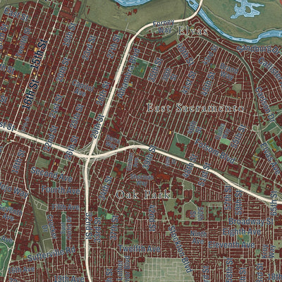 Close-up of the map of Sacramento, California print showing street and building detail
