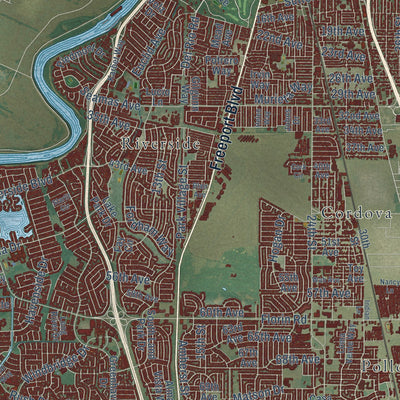 Second close-up of the map of Sacramento, California print showing more streets and buildings