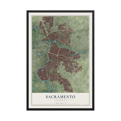 Map of Sacramento, California, 12 x 18 inch print in a black wood frame