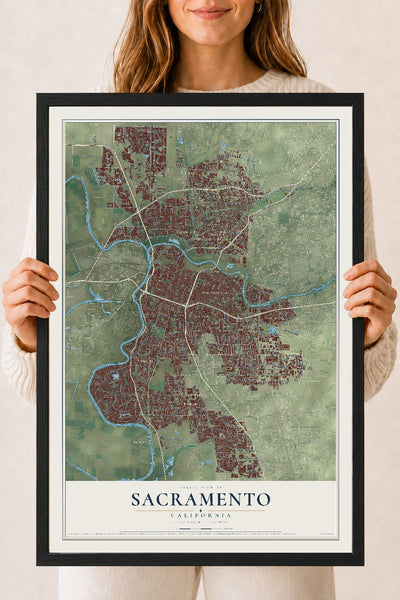 Map of Sacramento, California, 18 x 24 inch print in a black wood frame