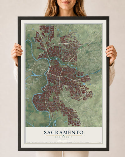 Map of Sacramento, California, 24 x 36 inch print in a black wood frame