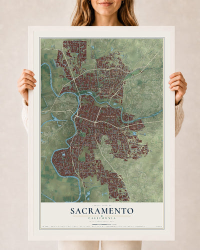 Map of Sacramento, California, 24 x 36 inch print in a white wood frame