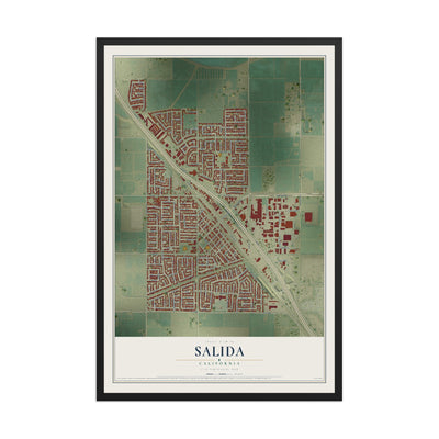 Map of Salida, California, 12 x 18 inch print in a black wood frame
