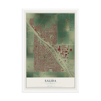Map of Salida, California, 12 x 18 inch print in a white wood frame