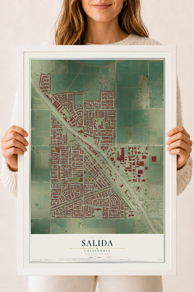 Map of Salida, California, 18 x 24 inch print in a white wood frame