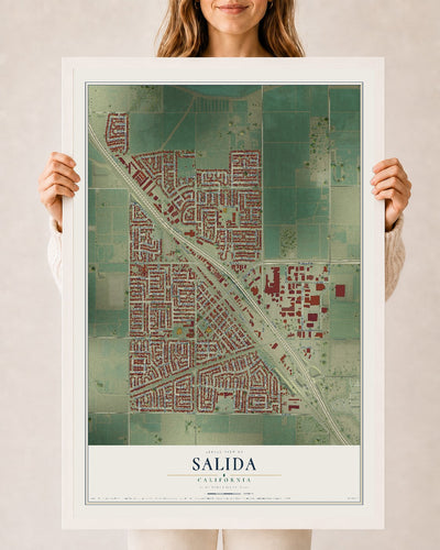 Map of Salida, California, 24 x 36 inch print in a white wood frame