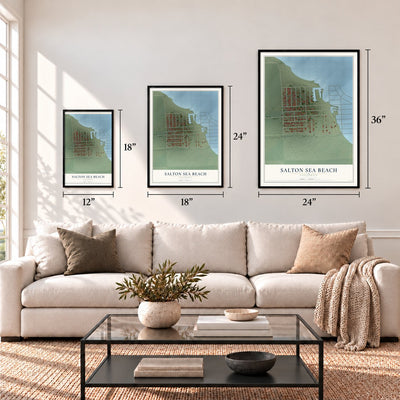 Salton Sea Beach, California map in 12 x 18, 18 x 24 and 24 x 36 inch sizes above a sofa