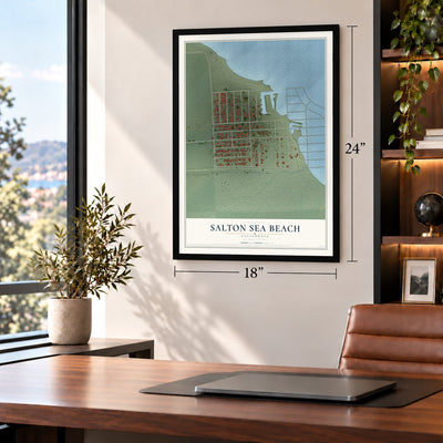 Salton Sea Beach, California map, 18 x 24 inch print in a black frame in a home office
