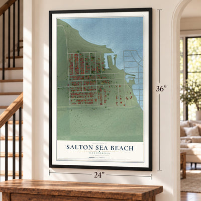 Salton Sea Beach, California map, 24 x 36 inch print in a black frame by a staircase