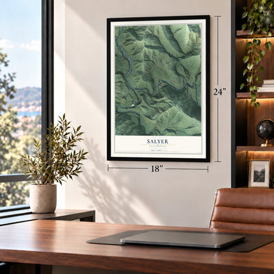 Salyer, California map, 18 x 24 inch print in a black frame in a home office